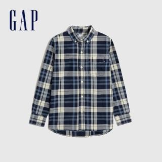 【GAP】男童裝 純棉撞色格紋翻領長袖襯衫-藍白拼接(780257)