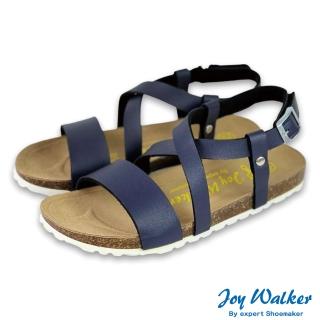 【Joy Walker】一字交叉 露趾 軟木涼鞋 藍色 女 素面平底 合成皮革 繞踝 休閒舒適 柔軟鞋墊 夏季 1516P