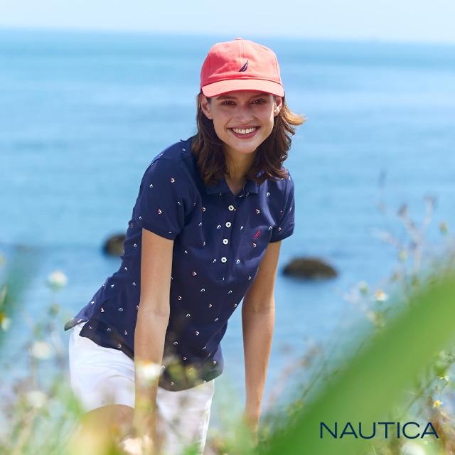 【NAUTICA】女裝 滿版帆船圖騰短袖POLO衫(藍)