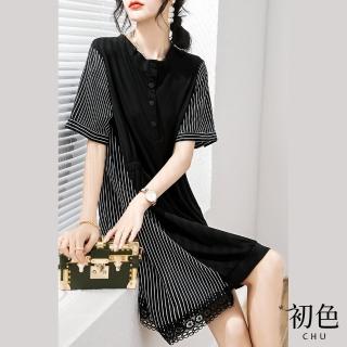 【初色】寬鬆顯瘦清涼感條紋拼接蕾絲圓領短袖A字裙連身裙洋裝-黑色-69651(M-2XL可選)