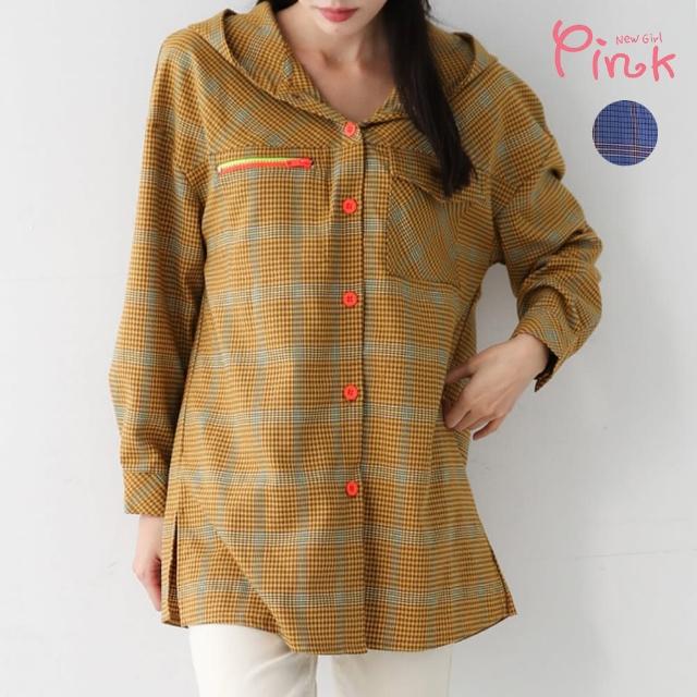 【PINK NEW GIRL】時尚格紋連帽單排扣長袖襯衫 N3205HD(2色)