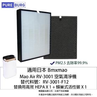 【PUREBURG】適用日本Bmxmao Mao Air RV-3001空氣清淨機 副廠濾網組(HEPAX1+活性碳濾心X1)