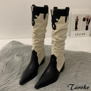 【Taroko】超級顯瘦拼色尖頭粗高跟長筒靴(3色可選)