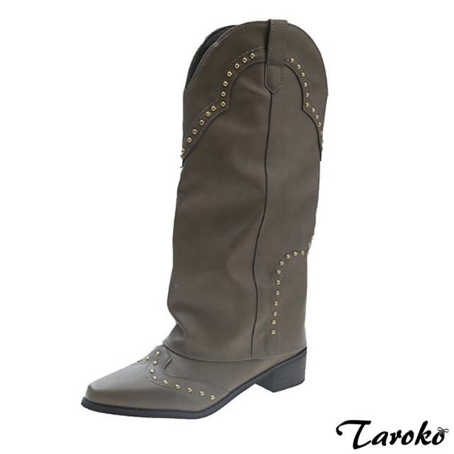 【Taroko】時髦霸氣鉚釘尖頭低跟長筒靴(卡其色)