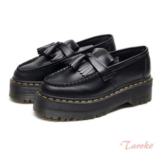 【Taroko】流蘇一字雙層真牛皮圓頭厚底大尺碼鞋(黑色)