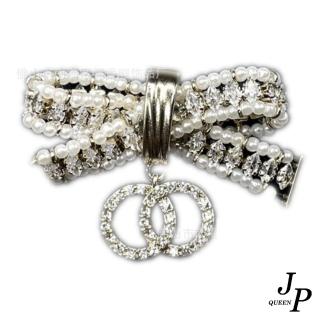【Jpqueen】奢華雙圈蝴蝶結花朵珍珠胸針別針2用(白金色)