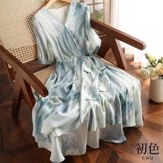 【初色】清涼感時尚氣質收腰V領短袖連身裙中長裙洋裝-藍色-68818(M-2XL可選)