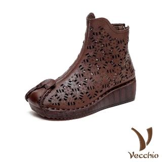 【Vecchio】真皮短靴 坡跟短靴/全真皮頭層牛皮寬楦舒適刻花縷空復古坡跟短靴(棕)