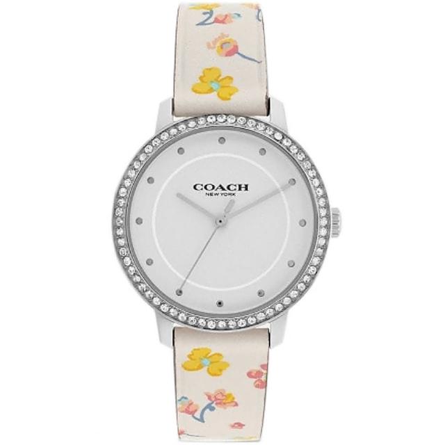 【COACH】RAYDEN白色彩色花朵X鋯石外圈皮革皮帶手錶