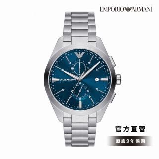 【EMPORIO ARMANI 官方直營】Claudio 海洋藍經典LOGO手錶 銀色不鏽鋼錶帶 43MM AR11541