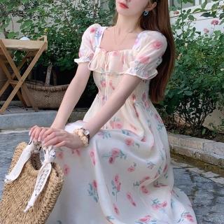 【BBHONEY】浪漫花朵 鬆緊腰荷葉雪紡洋裝(藍/粉)