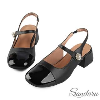 【SANDARU 山打努】跟鞋 拼接珍珠花中跟後空瑪莉珍鞋(黑)