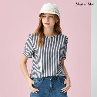 【Master Max】純棉中性風小V領直條紋短袖上衣(8317091)