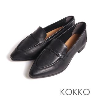 【KOKKO 集團】輕量舒適復古蠟感牛皮低跟休閒鞋(黑色)