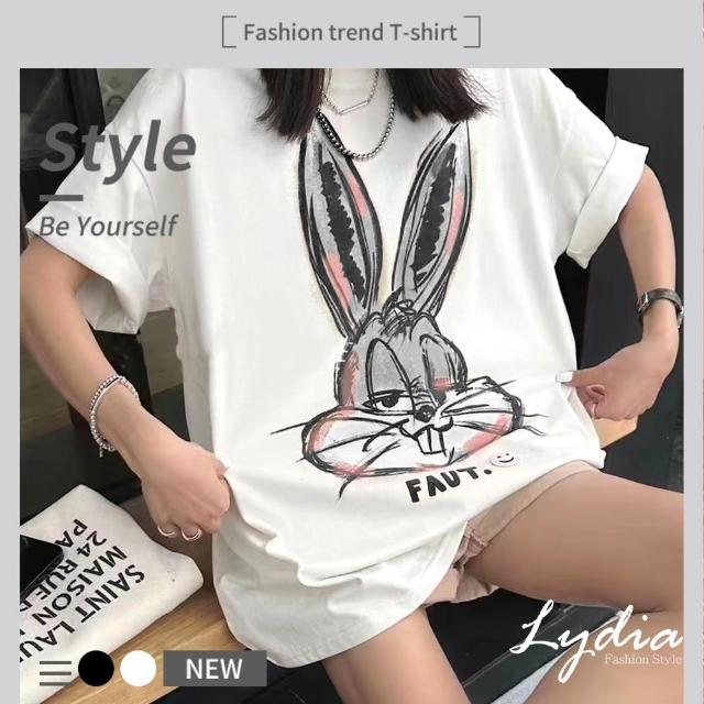 【Lydia】現貨 短袖長版上衣 夏季寬鬆顯瘦 卡通兔子印花(黑/白 F)