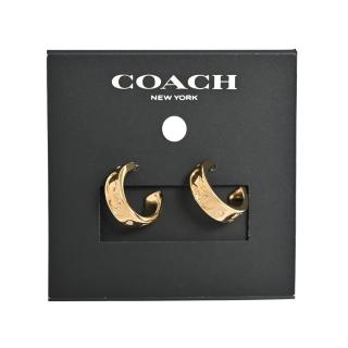 【COACH】環型Logo刻字針扣耳環(金色)