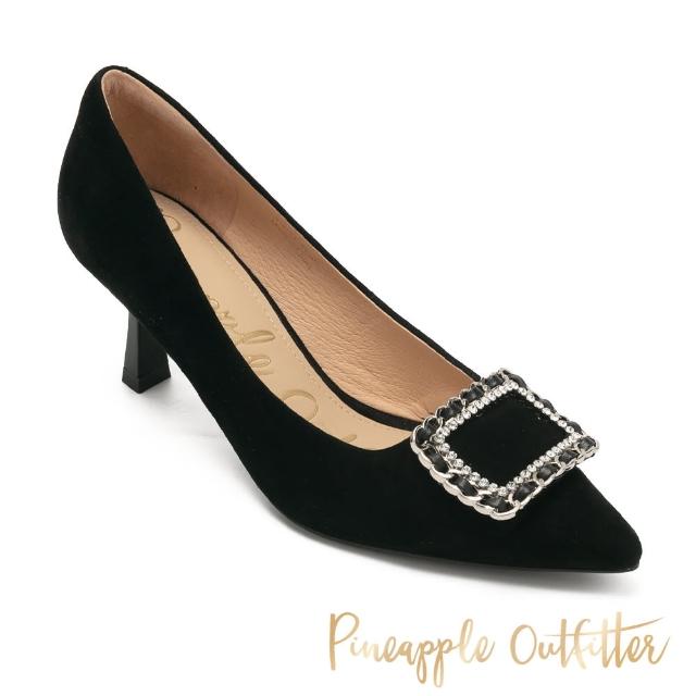 【Pineapple Outfitter】PEREZ 麂皮方釦鍊尖頭中跟鞋(黑色)