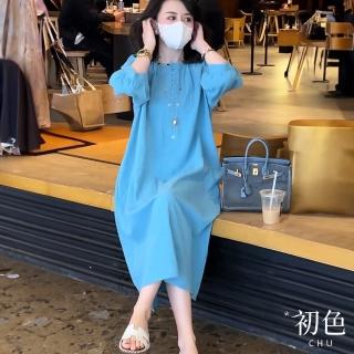 【初色】棉麻風透氣素色寬鬆大碼七分袖圓領連身裙長裙洋裝-藍色-69803(M-2XL可選)