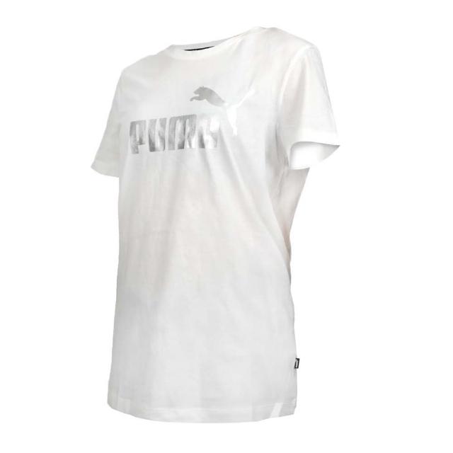 【PUMA】ESS+ METALLIC 女基本系列短袖T恤-歐規 休閒 慢跑 上衣 純棉 白銀(84830302)