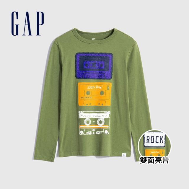【GAP】男童裝 純棉雙面亮片圓領長袖T恤-綠色(772374)