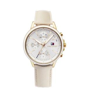 【Tommy Hilfiger】氣質金框 白面 三眼日期顯示 米白皮革錶帶 腕錶 女錶 交換/聖誕禮物(1781790)