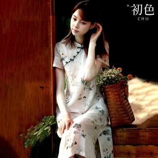 【初色】亞麻風清涼寬鬆中式旗袍改良印花短袖連身中長裙洋裝-花色-69778(M-2XL可選)