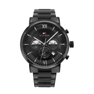【Tommy Hilfiger】黑框 黑面 半鏤空造型三眼日期顯示 黑灰不鏽鋼錶帶 腕錶 男錶(1710410)