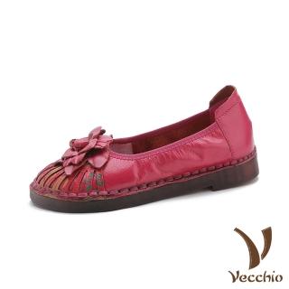 【Vecchio】真皮跟鞋 牛皮跟鞋/真皮頭層牛皮民族風印花立體花朵小圓頭軟底跟鞋(紅)