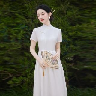 【維拉森林】玩美衣櫃中式復古仙氣純白短袖旗袍洋裝S-XL
