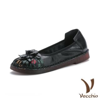 【Vecchio】真皮跟鞋 牛皮跟鞋/真皮頭層牛皮民族風印花立體花朵小圓頭軟底跟鞋(黑)