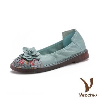 【Vecchio】真皮跟鞋 牛皮跟鞋/真皮頭層牛皮民族風印花立體花朵小圓頭軟底跟鞋(綠)