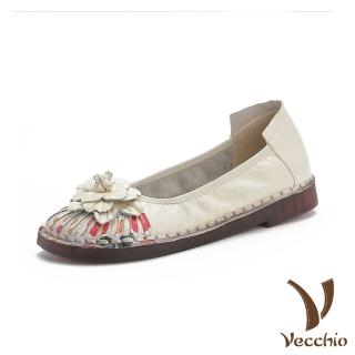 【Vecchio】真皮跟鞋 牛皮跟鞋/真皮頭層牛皮民族風印花立體花朵小圓頭軟底跟鞋(白)