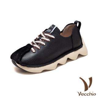 【Vecchio】真皮運動鞋 牛皮運動鞋/全真皮頭層牛皮復古圓頭手工縫線個性運動鞋(黑)