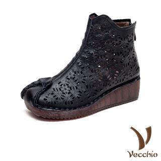 【Vecchio】真皮短靴 坡跟短靴/全真皮頭層牛皮寬楦舒適刻花縷空復古坡跟短靴(黑)
