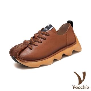 【Vecchio】真皮運動鞋 牛皮運動鞋/全真皮頭層牛皮復古圓頭手工縫線個性運動鞋(棕)