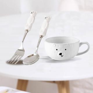 【戀戀家居】3入組 立體浮雕熊熊餐具組(帶耳小碗/叉子/湯匙)