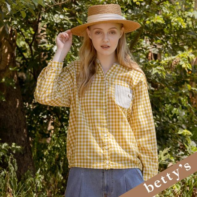 【betty’s 貝蒂思】立領格子條紋拼接長袖上衣(深黃色)