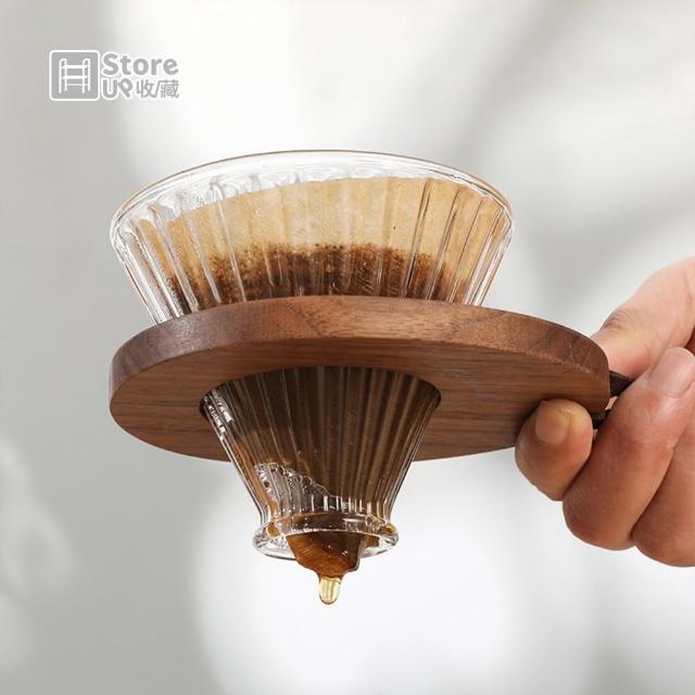 【Store up 收藏】日式胡桃木製杯托+耐熱玻璃濾杯 手沖咖啡杯托組(AD411)