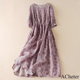 【ACheter】蘆麻感寬鬆圓領五分短袖連身裙顯瘦薰衣草紫印花長版洋裝#118535(紫)