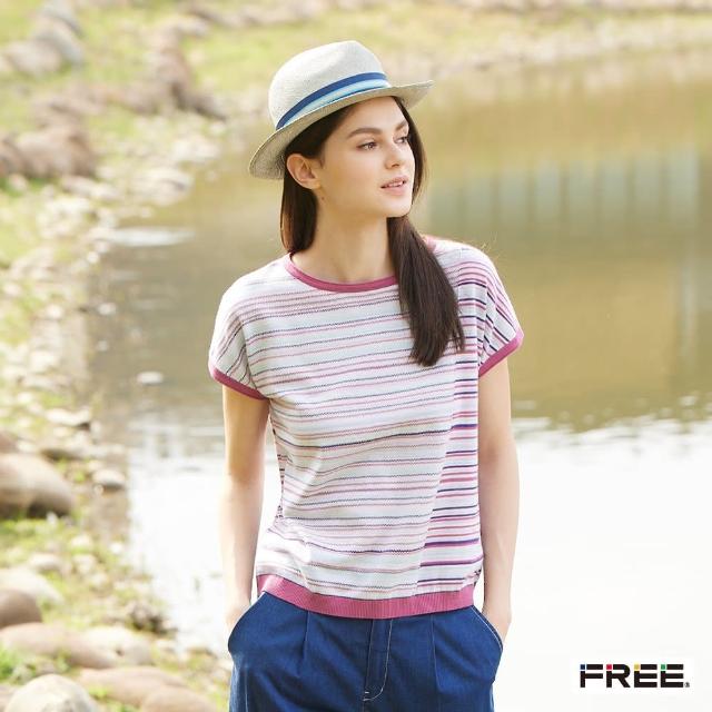 【FREE】有機棉圓領拼接針織衫(粉綠/古紫)
