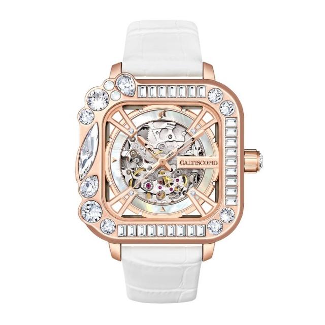 【Galtiscopio 迦堤】MISS X方鑽機械腕錶系列-玫瑰金框/白色錶帶(DLMXRGWS001WLS)
