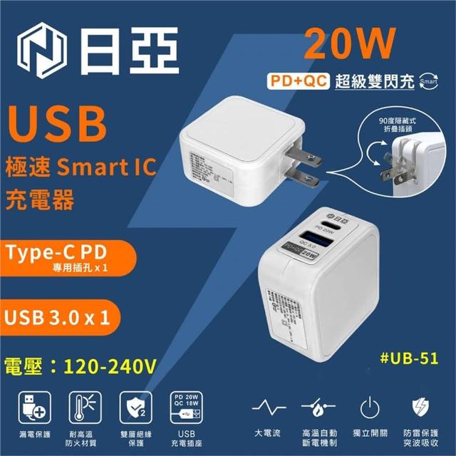 【日亞】PD+QC 20W智慧型極速充電器(UB-51)