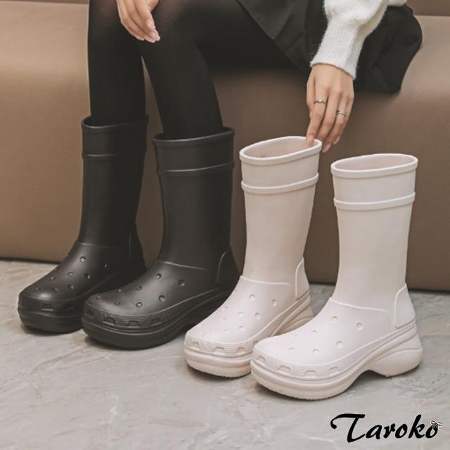 【Taroko】雨季來臨素色套腳厚底中筒雨靴(2色可選)
