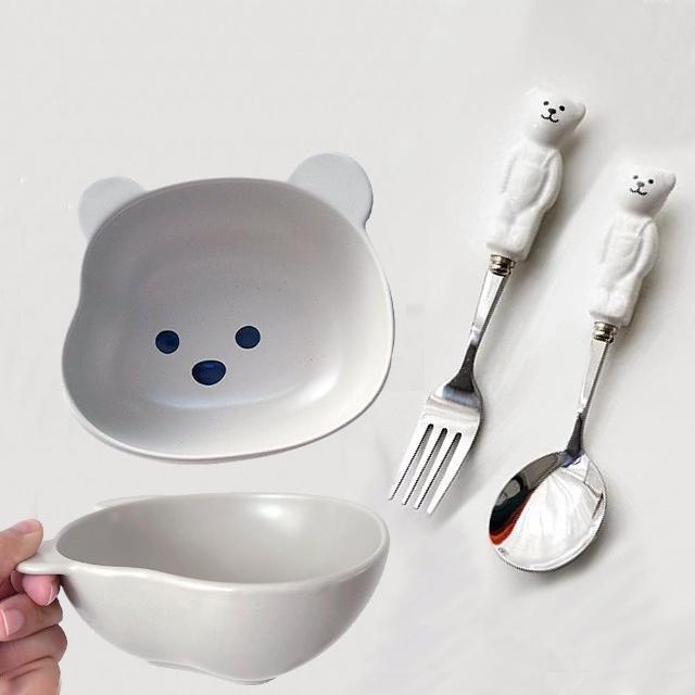 【戀戀家居】白熊陶瓷兒童餐具組3件組(6吋飯碗/叉子/湯匙)