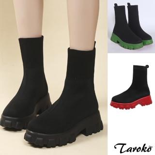 【Taroko】流行飛織布襪套腳圓頭厚底短筒靴(4色可選)