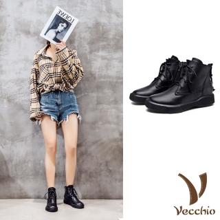 【Vecchio】真皮短靴 平底短靴/全真皮頭層牛皮時尚百搭舒適平底休閒短靴(黑)