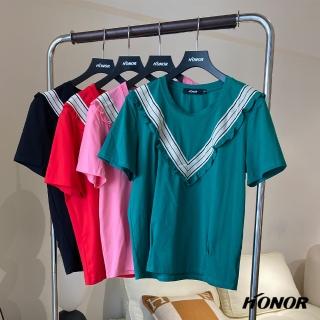 【HONOR 山形屋】條紋V領小波浪上衣-紅/綠/粉紅(MOMO獨家限定)