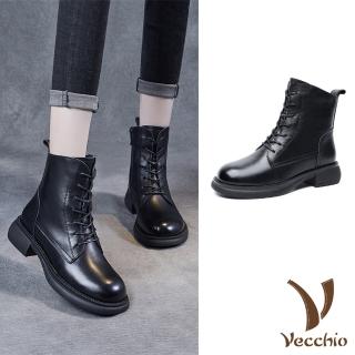 【Vecchio】真皮馬丁靴 粗跟馬丁靴/真皮頭層牛皮復古版型時尚側拉鍊粗跟馬丁靴(黑)
