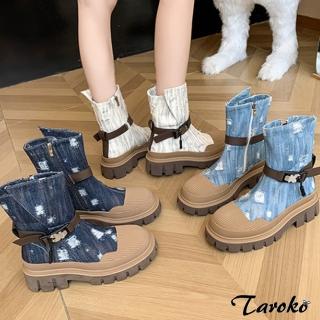 【Taroko】青春配色牛仔布拼接皮帶扣圓頭厚底短靴(3色可選)