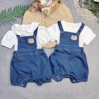 【艾比童裝】嬰幼童 牛仔吊帶熊短袖套裝(套裝系列 D91)